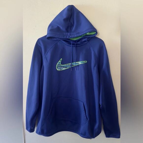 Nike ThermaFit Hoodie XL Blue Green Swoosh Pullover Sweatshirt Athletic Training - Picture 1 of 6